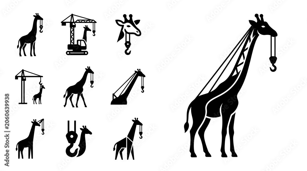 Fototapeta premium Giraffe Crane Hybrid Logo Icons Set - Construction, Wildlife, Silhouette