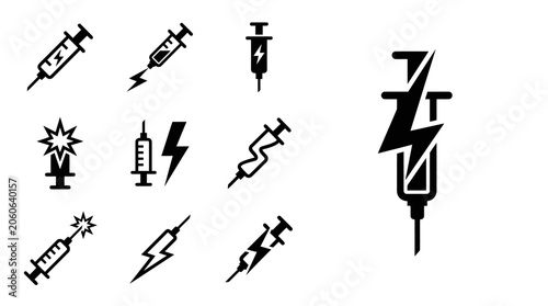 Foto Syringe and Lightning Bolt Icons: Medical Power, Energy Injection, Vaccination,