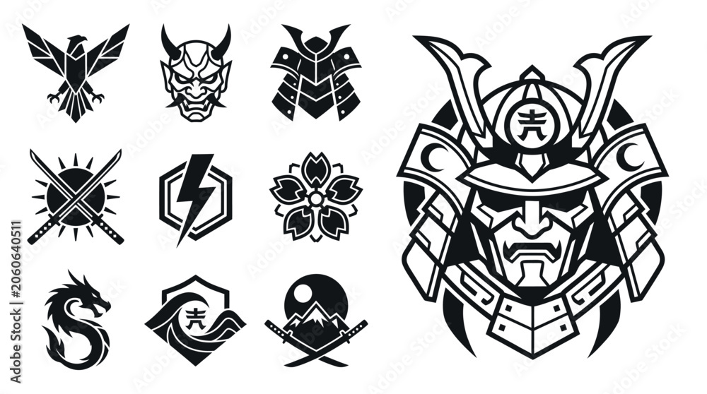 Obraz premium Japanese Samurai Icons: Dragon, Eagle, Oni Mask, Armor, Swords, Sakura Flower, Mountain