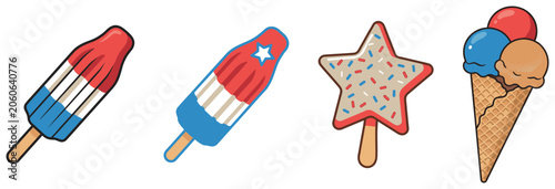 Summer frozen treats with patriotic theme including popsicles and ice cream in waffle cone.