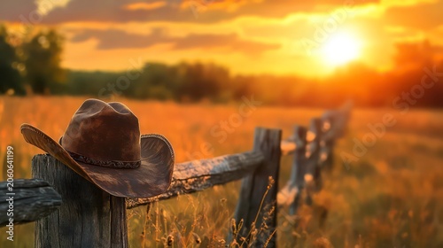 Rustic outdoor scene with cowboy hat against wooden fence at sunset. Concept Outdoor Photoshoot, Rustic Theme, Cowboy Hat, Wooden Fence, Sunset Setting