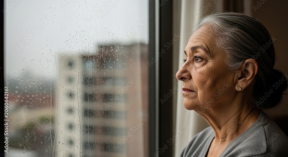 Fototapeta premium Profile view of a contemplative elderly woman with gray hair looking out a rainy window at blurred urban buildings on a somber day