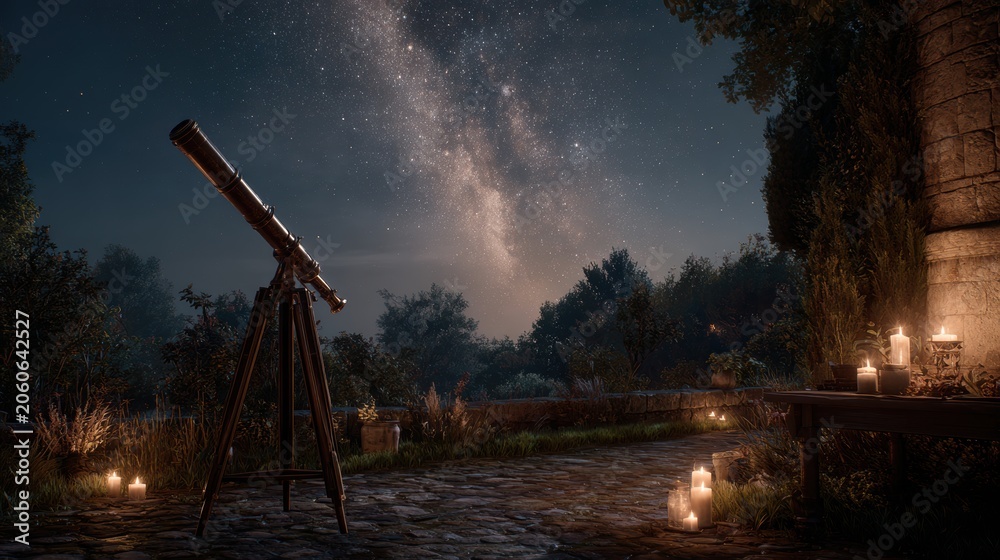 Fototapeta premium Space universe exploration, fantasy, mysterious. A nighttime scene depicts a serene outdoor setting. A large telescope on a tripod stands in the foreground.