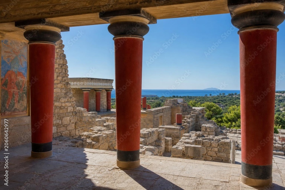 Fototapeta premium knossos. Ruins of an ancient palace with red columns overlooking the sea. real-estate listings, architecture portfolios, designed for interior renovation comparisons for interiors.