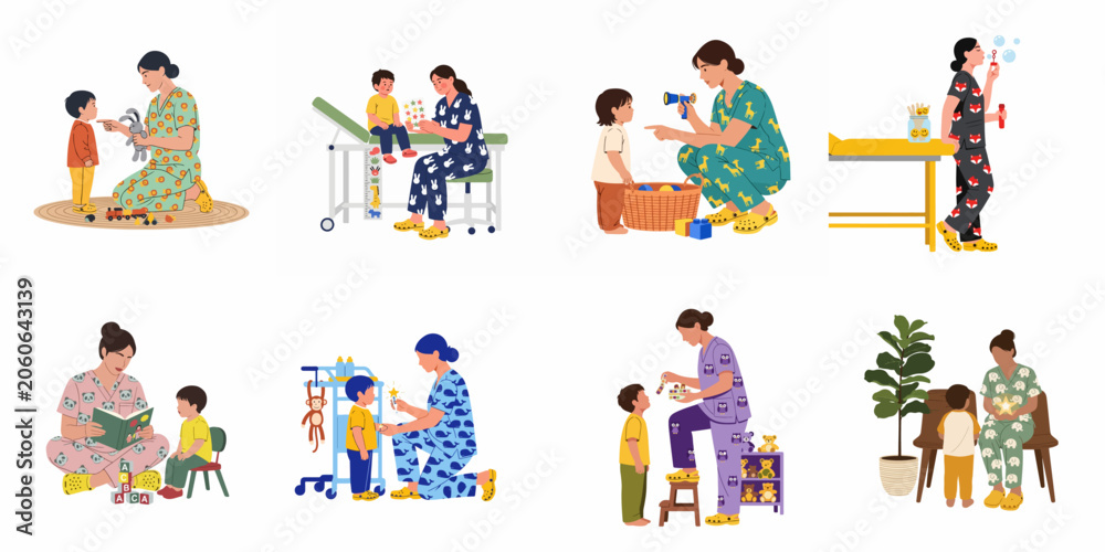 Fototapeta premium Pediatric Healthcare Professionals in Patterned Scrubs Interacting with Children in Various Medical and Playful Settings Flat Illustration Set