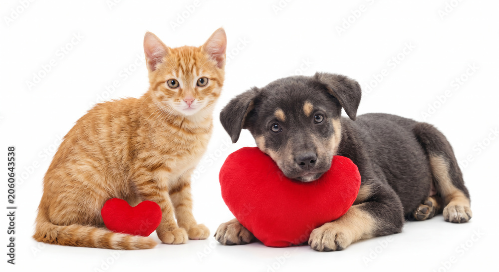 Fototapeta premium Cute orange tabby kitten and black puppy resting with a red plush heart isolated on a white background