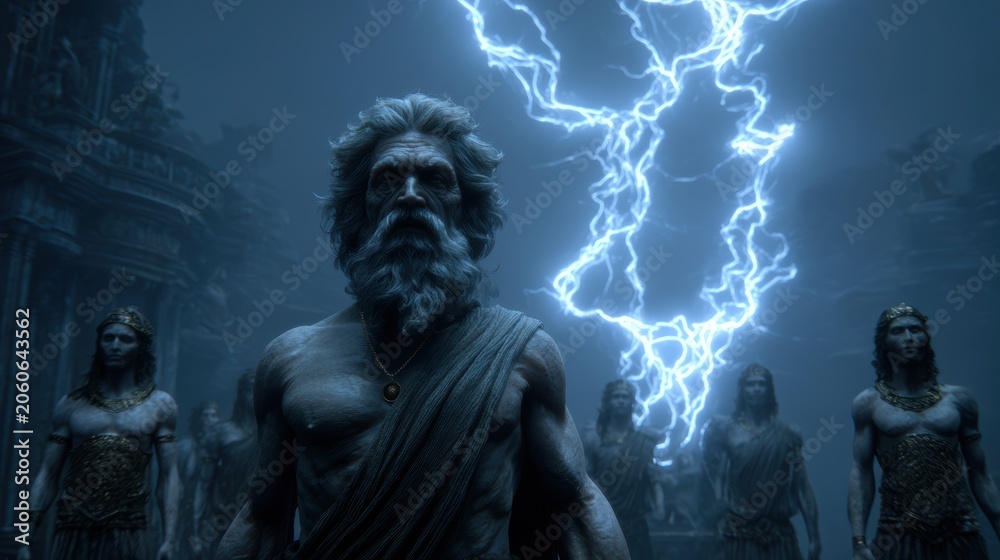 Obraz premium Greek mythology god Zeus. Fantasy. A dark, atmospheric portrayal of a group of ancient warriors in a dimly lit, ancient temple. The central figure, a bearded man, stands prominently in the foreground.