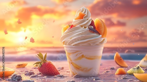 Fruit Topped Soft Serve with Sunset Backdrop