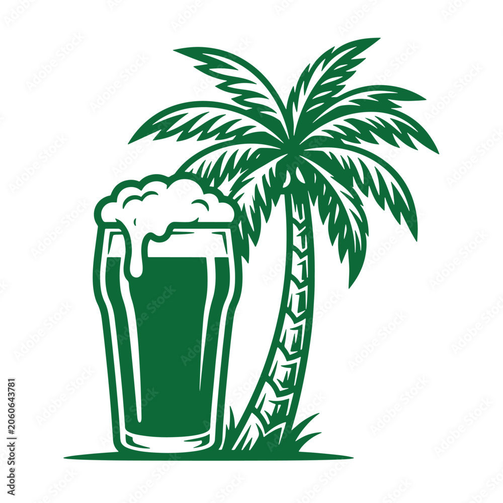 Obraz premium Chilled glass of foamy beer beside a palm tree illustration with beverage refreshment tropical vacation
