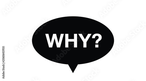 Simple black speech bubble with the word why written in bold white capital letters isolated on a clean white background for digital communication and graphic design