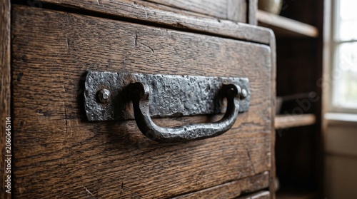 Iron handle on wooden cabinet drawer in rustic interior setting  