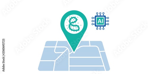 Virus location marker on digital map grid with artificial intelligence chip. Outbreak surveillance and hotspot mapping concept scene. Healthcare analytics technology graphic. Continuous location pulse
