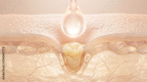 A close-up 3D rendering shows a single glowing drop of serum penetrating into human skin layers.