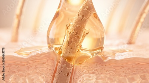 A close-up 3D render showing a strand of hair being nourished by a golden drop of essential oil.