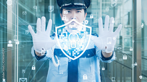 Foto 入口を塞ぐ警備員とセキュリティイメージ