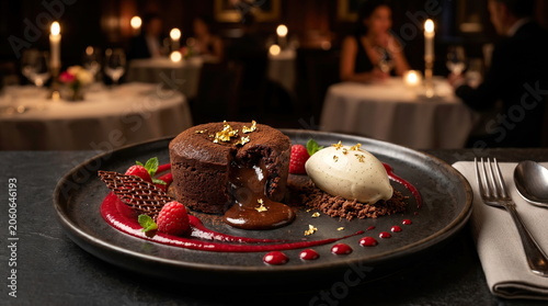 Chocolate petit gateau with guava jelly and vanilla ice cream served on a plate.
