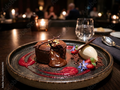Chocolate petit gateau with guava jelly and vanilla ice cream served on a plate.