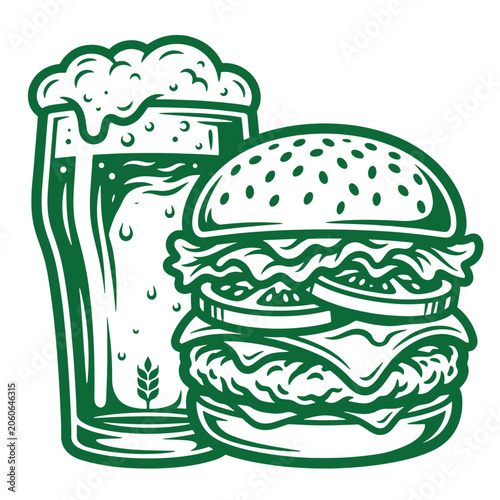 Draft beer glass and tasty beef burger vector icon illustration with fastfood cheeseburger refreshment