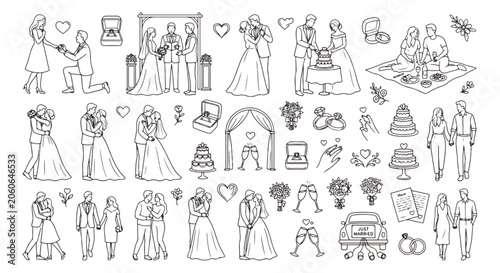Foto Hand Drawn Wedding Icons Set, Black Outline Marriage Doodles, Romantic Couple Ve