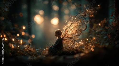 Fantasy wallpaper. A vivid portrayal of a fairylike figure seated on a mosscovered rock in a forest. The fairy, with intricate, glowing wings, is the main subject.