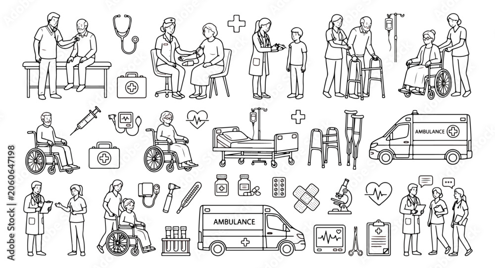 Obraz premium Medical line art icons, healthcare professional and patient illustrations, hospital vector set