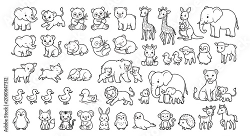 Photography Kawaii baby animal line art set, cute zoo animal coloring page, 40 cartoon anima