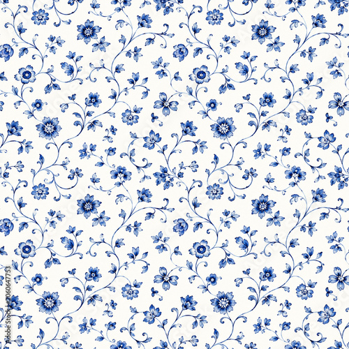 seamless floral pattern, medieval background, watercolor hand painted illustration, blue flowers and leaves, delft, indigo, vintage botanical wallpaper