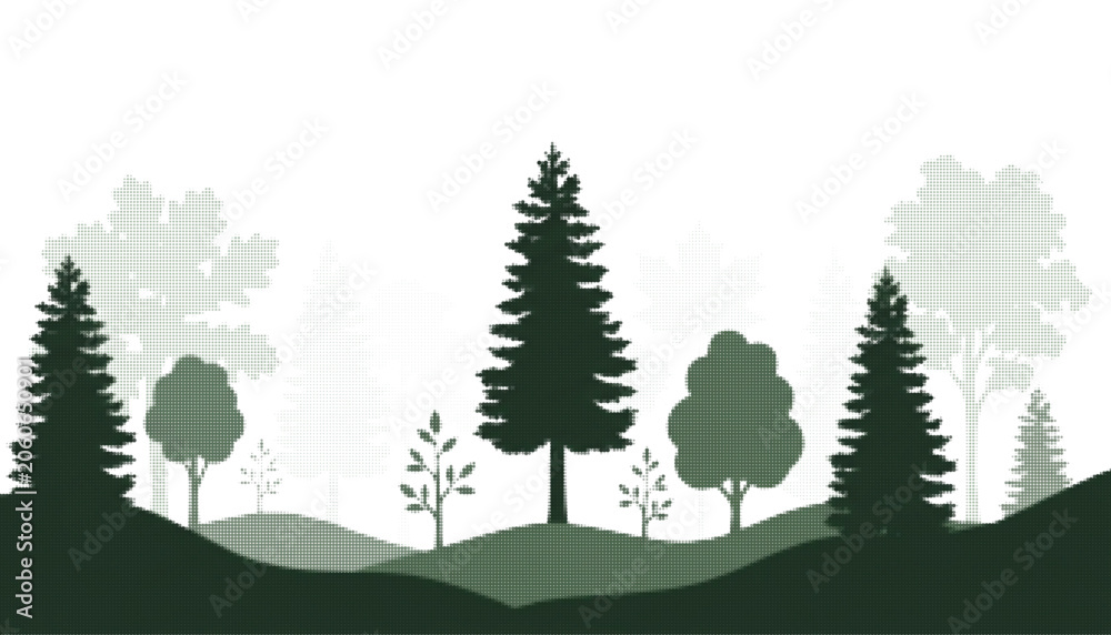 Fototapeta premium Scenic green woodland and pine forest nature landscape layered background texture vector graphic element design bundle