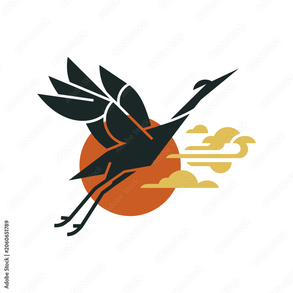 Obraz premium A stylized bird flies gracefully across a vibrant orange sun