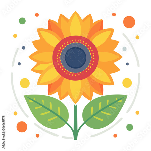 Flat design illustration of a sunflower with leaves and dots