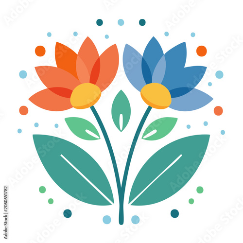 Flat design illustration of two colorful flowers with leaves and dots