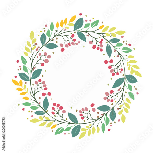Flat design wreath with leaves and berries on white background