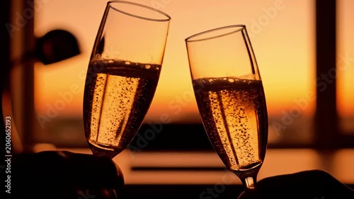A romantic toast with champagne glasses at sunset