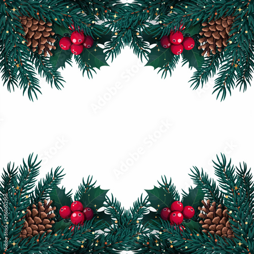 Christmas garland border with pinecones, holly, and berries