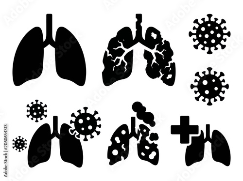 Tableau sur toile Lungs affected by virus icons showing disease progression and recovery