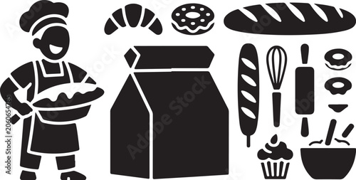 Bakery icon set, baker character, bread vector graphics
