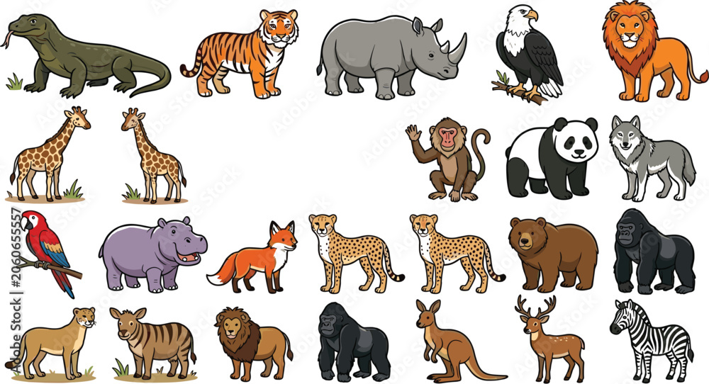 Obraz premium Cute Wild Animal Vector Character Collection with Safari, Jungle, and Forest Wildlife Elements for Kids Education, Nursery Posters, and Children Book Illustrations