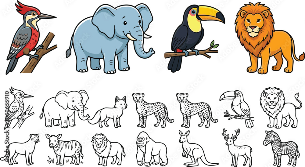 Fototapeta premium Cute Jungle and Safari Animal Vector Character Set with Matching Line Art Outline Drawings for Kids Coloring Books, Education, and Nursery Designs