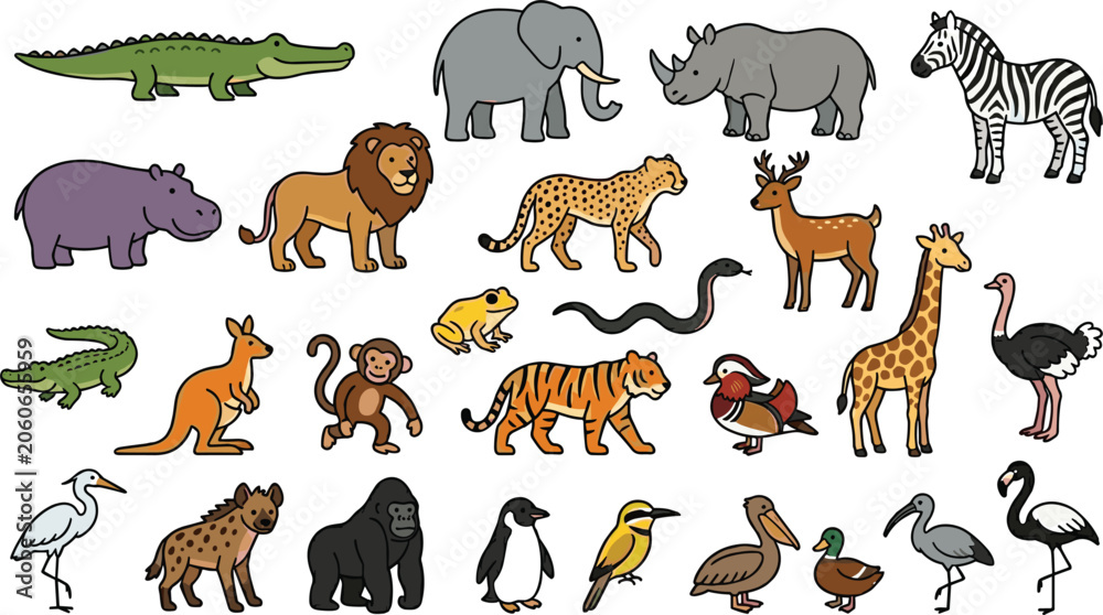 Obraz premium Cute Safari and African Jungle Animals Vector Character Set featuring Lion, Elephant, Tiger, Giraffe, Zebra, Hippo, Birds, and Wildlife for Kids Educational Designs