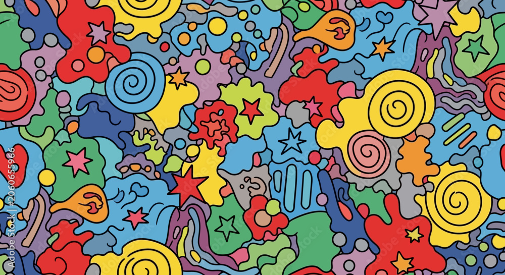 Fototapeta premium Vibrant Abstract Pattern With Swirls and Stars in Bright Colors