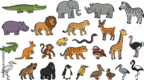 Photography Cute Safari and African Jungle Animals Vector Character Set featuring Lion, Elep