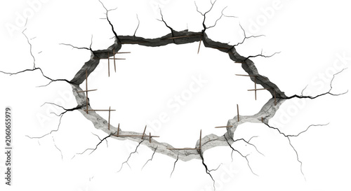 A large, jagged hole in a dark concrete wall with exposed metal rebar rods protruding from the broken, crumbling edges, isolated on black