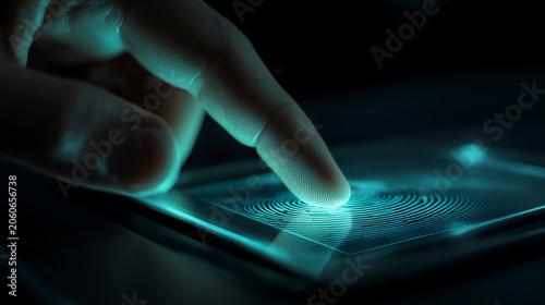 Biometric Fingerprint Scanner Illuminates Human Hand for Digital Security