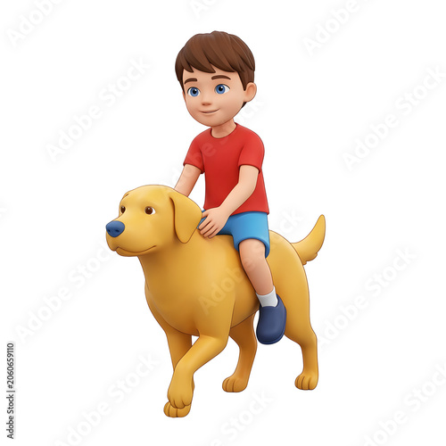 Cartoon boy riding a golden retriever