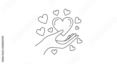 Quadro su tela Hand holding a large heart surrounded by smaller hearts in a simple line drawing style