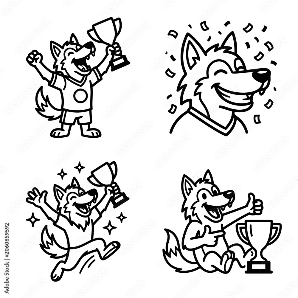 Fototapeta premium Cartoon wolf holding trophy cup.