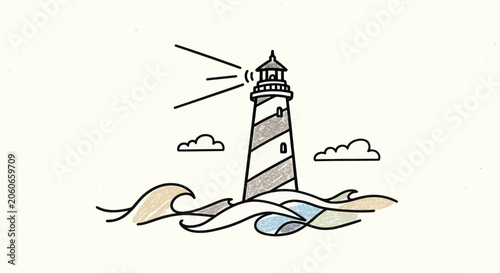 Valokuva Lighthouse guiding ships through ocean waves with light beams.