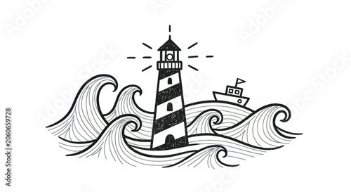 Schilderij op canvas Lighthouse guiding ships through stormy seas illustration.