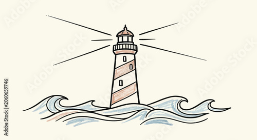 Slika na platnu Lighthouse guiding ships through stormy seas with bright light beams