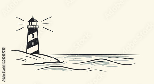 Canvastavla Lighthouse on a rocky shore emitting light beams over the ocean waves